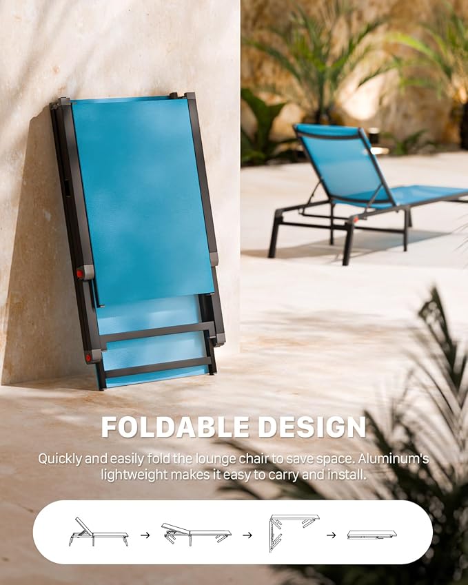 Aluminum Patio Chaise Lounge Chair Set of 2 with Side Table,5-Position Adjustable Backrest,Foldable Lounge Chair Outdoor,Pool Lounge Chairs for Poolside,Lawn,Deck,Beach (Blue, 2 Pack+Table)