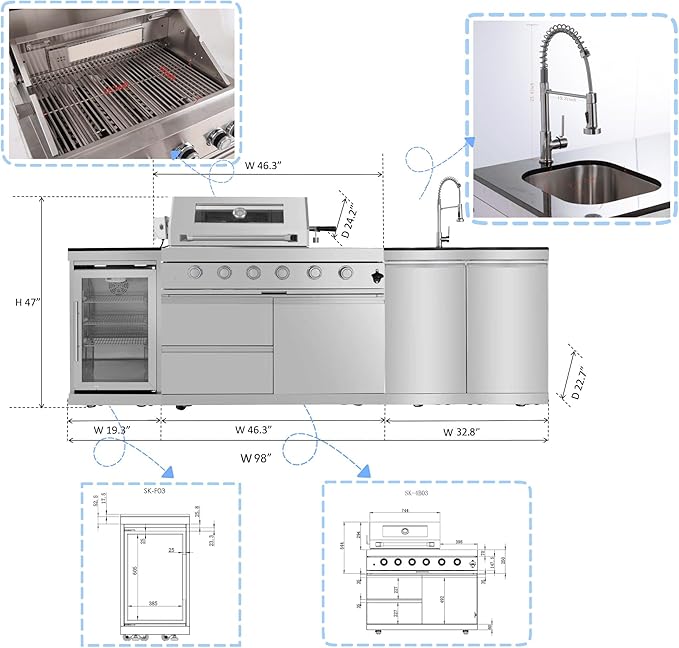 98 Inches 4-Burner 72000 BTU Deluxe Stainless Steel Propane Gas Outdoor Kitchen Bar Barbecue Island Grill, Wine Cooler Compact Refrigerator, Granite Countertops, Stainless Steel Sink, Silver