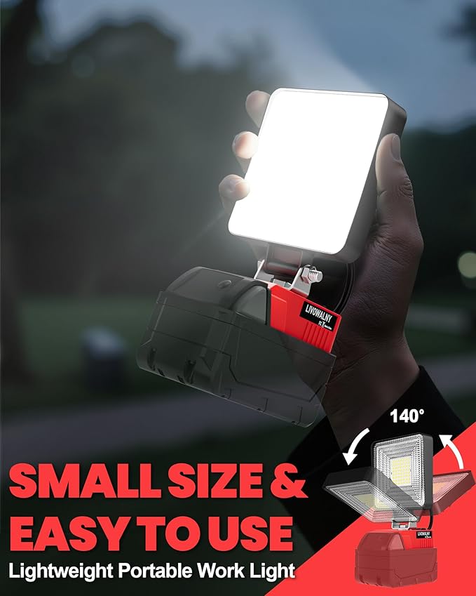 LIVOWALNY 27W LED Work Light Compatible with Milwaukee Battery, Portable 2700LM Flood Flashlight Tools 140° Adjustable Head with USB & Type C Output Port for Camping, Hiking, Construction, Emergency