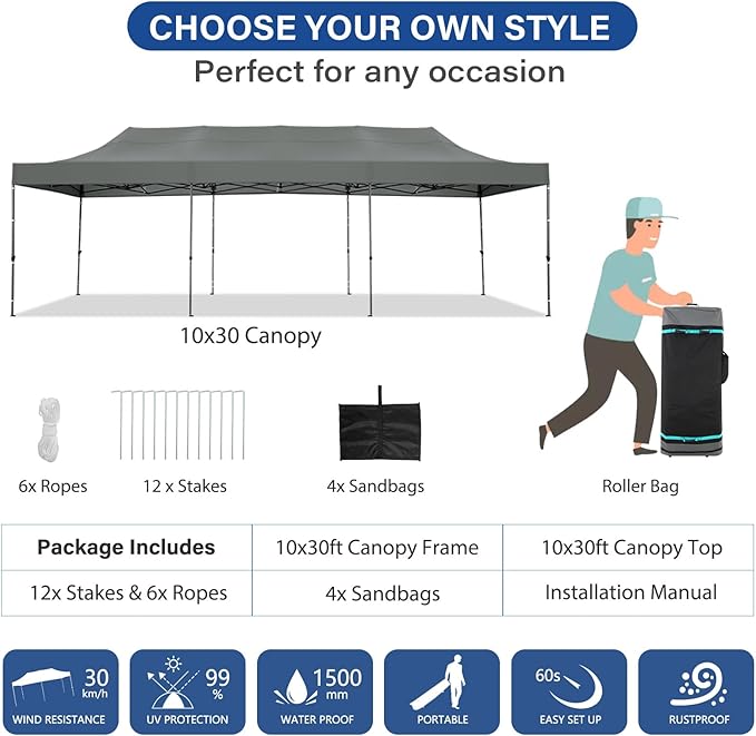 COBIZI 10x30 Pop up Canopy Tent Heavy Duty Without Sidewalls, Easy Set-up Commercial Outdoor Party Canopy, 100% Waterproof Wedding Gazebo, 3 Height Adjustable with Wheeled Bag, Gray