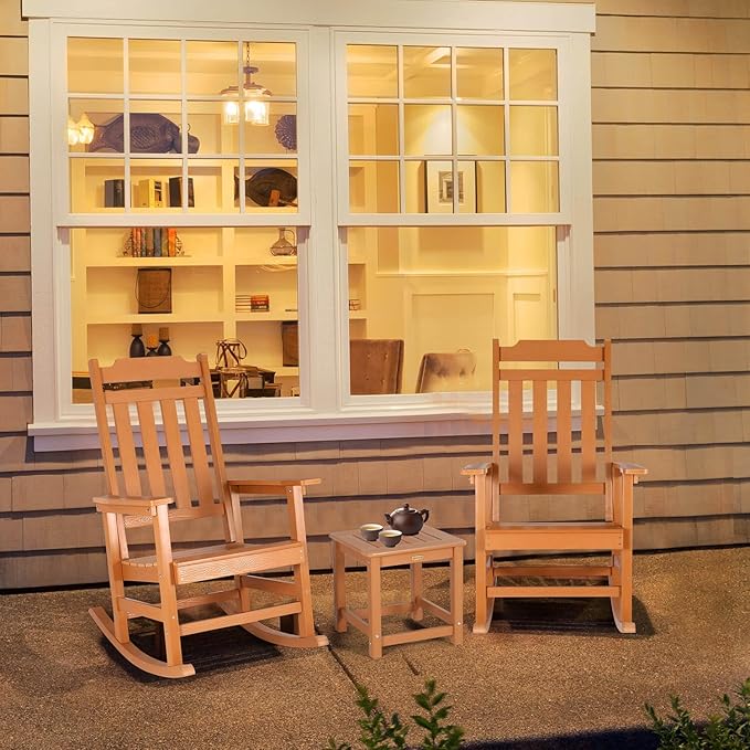 Rocking Chairs Set of 4, All Weather Resistant Poly Lumber Outdoor Porch Rocker, Rocking Chairs for Outdoor, Indoor, Patio, Deck, Garden, Backyard, Load Bearing 380 lbs - Teak
