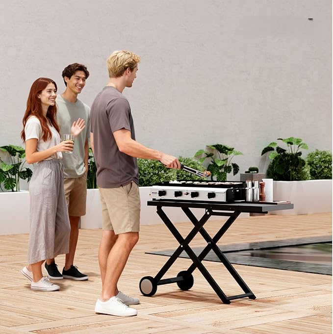 Bonnlo Foldable Flat Top Grill with 4 Burner, Powerful 40,000 BTU Propane Gas Grills with Ignition, Enamel Griddle, Side Shelf & Portable Cart with Wheels for Outdoor Camping Hibachi Grill Use