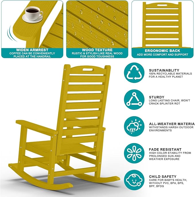 Outdoor Rocking Chair with Removable Footboard for Adults, HDPE High Back Patio Rocking Chairs, 330lbs All Weather Porch Rocking Chairs for Outdoor & Indoor -Yellow