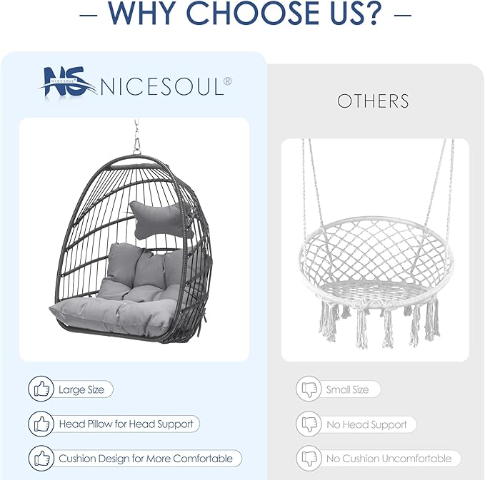 Nicesoul Hanging Egg Chair Outdoor Without Stand, Indoor Swing Egg Basket Ceiling Tree Chairs with Cushion, 350lbs Egg-Shaped Hammock Chair No Stand for Patio, Backyard, Balcony, Bedroom,Porch, Gray