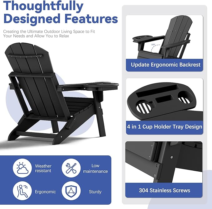 FOOWIN Folding Adjustable Adirondack Chair Set of 8,HDPE Adirondack Chair w/4 in 1 Cup Holder Trays,All-Weather Resistant Fire Pit Chair, Outdoor Chair for Patio Lawn Poolside,400lbs,Black