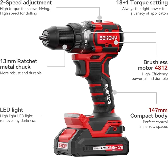 20V Power drill cordless, 70N.m High Torque, with LED Light, 26-Piece Accessory Set, 2 Batteries & Fast Charger Included for Wood & Metal Drilling