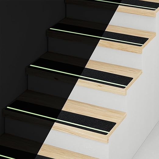 Outdoor Non Slip Tape 6'' x 32'' (12-Pack) High Traction Adhesive Treads with Free Roller - Heavy Duty 80 grit Non Slip Tape -Anti Skid Strips Black with Glow in The Dark Stripe - Grip Tape for Steps
