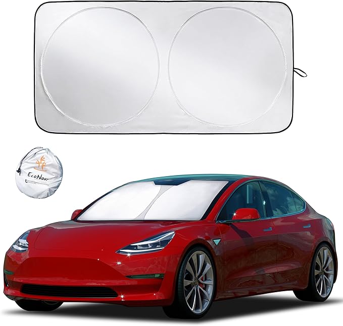 EcoNour Windshield Sun Shade for Tesla Model 3/Y 2017-2026(Fit Model Y Juniper 2025-2026/Model 3 Highland 2024)Upgraded Foldable Sunshade, Window Sun Visor Protector, Blocks UV Rays Keep Your Car Cool
