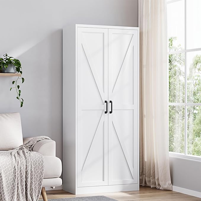 Yizosh Metal Storage Cabinet with Doors and 4 Adjustable Shelves - 75" White Kitchen Pantry Storage,4-Tier Tall Steel Cabinet Locker for Kitchen,Living Room,Dining Room