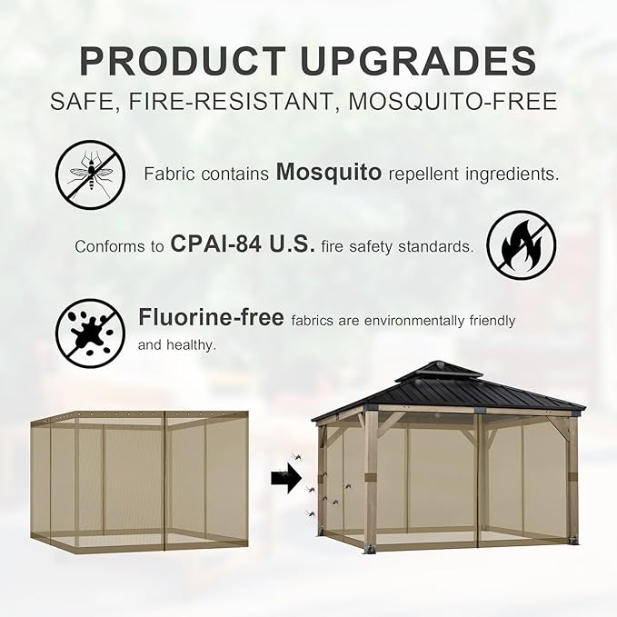 BPS 10' x 10' Gazebo Universal Mosquito Netting Screen Replacement, 4-Panel Screen Walls with Double Zippers for Outdoor Patio, Brown (Mosquito Net Only)