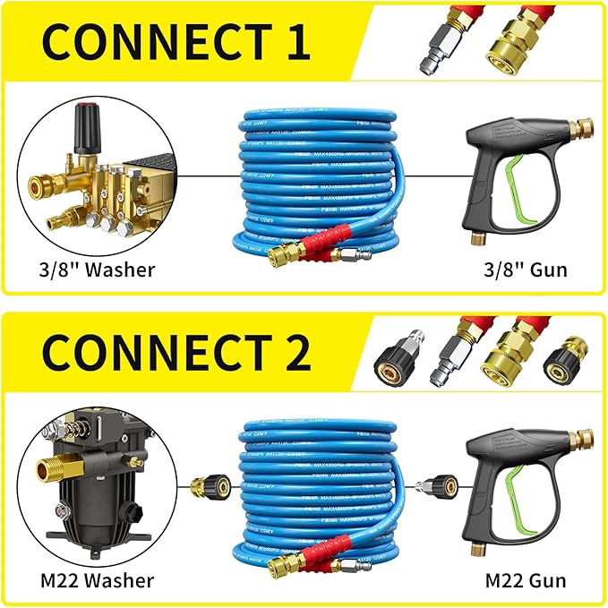 POHIR Pressure Washer Hose 50FT 3/8" for Cold & Hot Water (Up to 248℉) 4800 PSI Kink Resistant Industrial Grade Steel Wire Braided QC Ends with 2 M22-14mm to 3/8" Adapters for Professional and Home