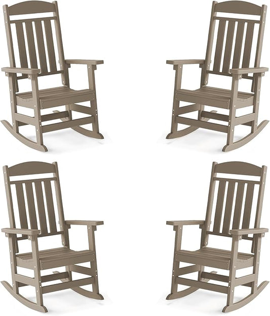 FOOWIN Outdoor Rocking Chair Set of 4, High Back Patio Rocking Chair, HDPE All Weather Resistant Porch Rocker for Adult, Oversized Rocking Chairs for Garden, Lawn, Indoor & Outdoor Use, Brown