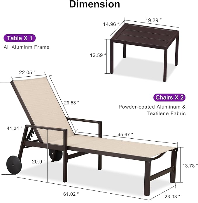 PURPLE LEAF Pool Lounge Chairs Set of 3 Aluminum Outdoor Lounge Chairs with Wheels and Armrests Adjustable Patio for Deck Outside Lawn Garden, Cream