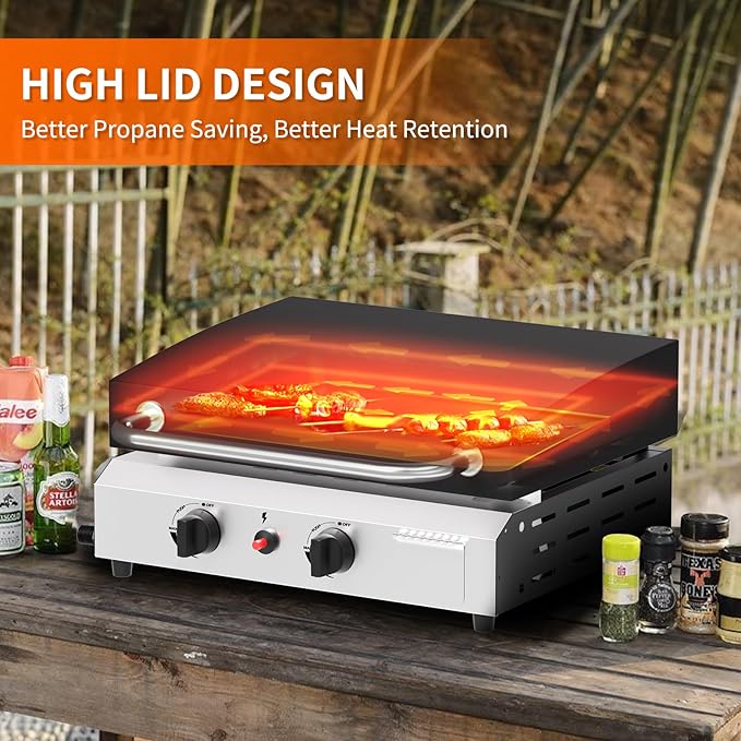 SKOK 2 Burner Gas Griddle with Hood- 17 Inch Outdoor Propane Griddle-30000 BTU Propane Fuelled, Portable Flat Top Gas Grill Camping Griddle with Lid for Kitchen, Outdoor BBQ, Camping