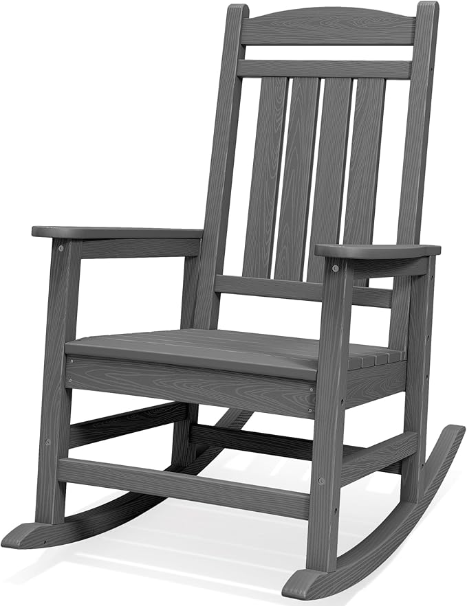 SERWALL Outdoor Rocking Chair, HDPE Patio Rocking Chair All-Weather Porch Rocker for Balcony, Yard, Gray