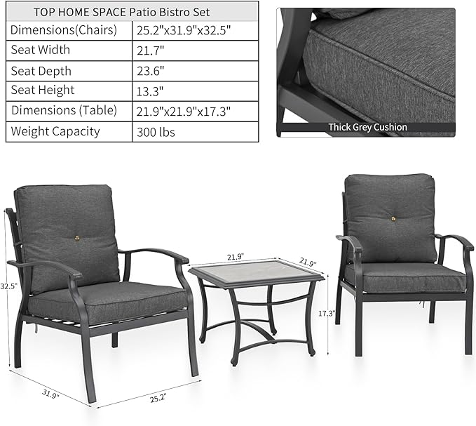 Patio Bistro Set 3 Pieces Metal Outdoor Furniture Sets Metal Patio Chairs with Side Table Dark Grey Thick Cushions Galvanized Steel Frame