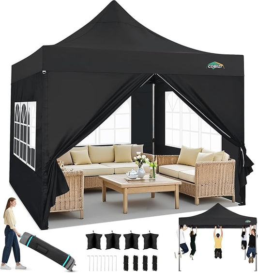 COBIZI 10x10 Heavy Duty Pop up Canopy Tent with 4 Sidewalls, Easy Set-up Commercial Outdoor Party Tent, 100% Waterproof Wedding Canopy Gazebo, 3 Height Adjustable with Wheeled Bag, Black