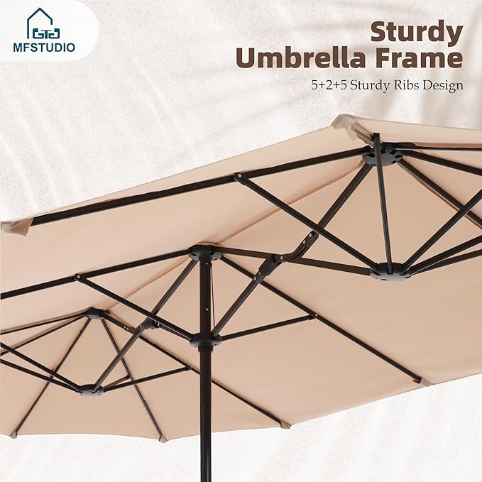 MFSTUDIO Outdoor Dining Set with Umbrella, Patio Dining Set doe 6 Persons, Patio Furniture Set with Beige Umbrella for Deck Poolside Backyard Garden (Umbrella Base Not Included)
