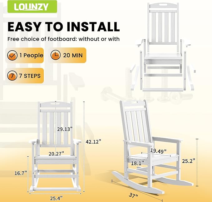 LOUNZY Outdoor Rocking Chair with Footboards Set of 2, HDPE Rocking Chair Patio Porch Rocker with 380lbs Support for Adult, White