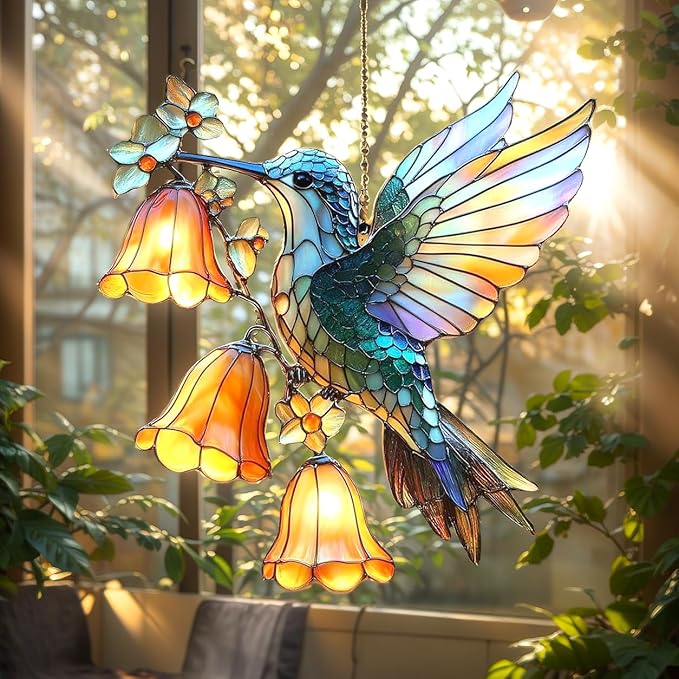 Hummingbird Christmas Ornament Bird Lover Suncatcher Window Hanging Acrylic Stained Glass Effect Art Garden Decor Unique Gift for Mom Bird Watcher Thanksgiving