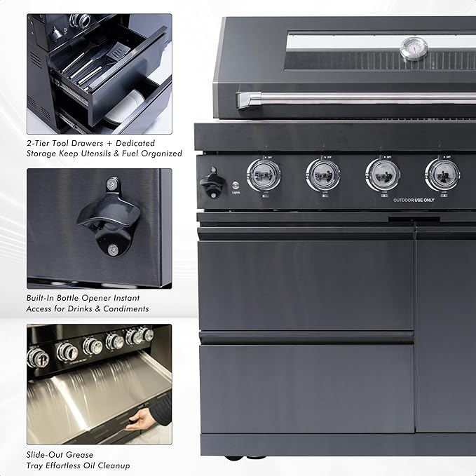 Outdoor Kitchen Island, 82 Inches 6-Burner 85000 BTU Stainless Steel Propane Gas Grill Combination With Refrigerator and Sink, Rotisserie Kit, Granite Countertops(Black Combo)