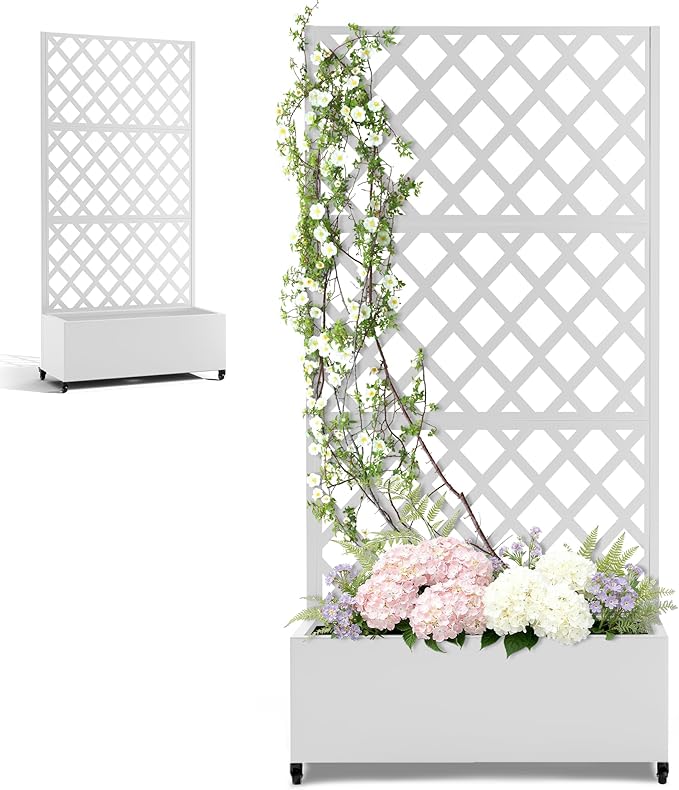 Metal Large Garden Bed with Trellis & Wheels, Planter Box with Privacy Screen for Climbing Plants, Privacy Planters for Patio, 35" L Garden Boxes with Drainage Holes (White Diamond)