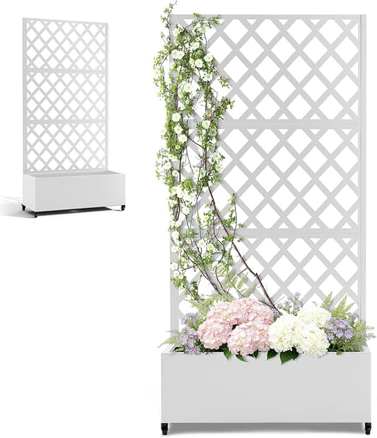 Metal Large Garden Bed with Trellis & Wheels, Planter Box with Privacy Screen for Climbing Plants, Privacy Planters for Patio, 35" L Garden Boxes with Drainage Holes (White Diamond)