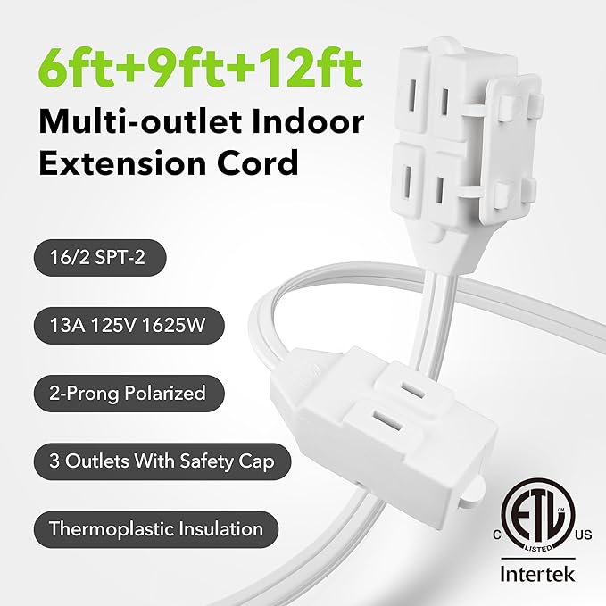 BN-LINK 3-Outlet Indoor Extension Cord, 6/9/12 ft Variety 3-Pack, 16/2 SPT-2, 2 Prong Polarized Plug, White Household Power Cord for Home, Office & Holiday Decorations