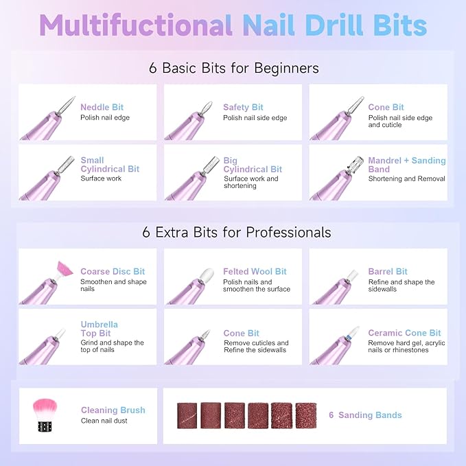 Nail Drill Professional, 35000RPM Electric Nail File Rechargeable, Portable Nail Drill Cordless Kit Efile for Acrylic Nails, Nail Dremel Manicure Perdicure for Salon & Home Use (Gradient)