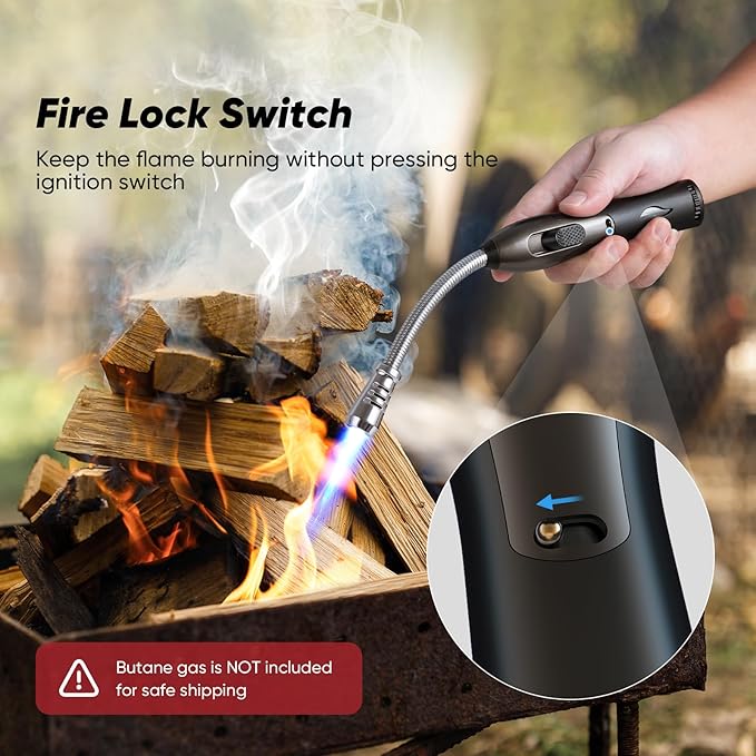 2 Pack Butane Lighter Long Torch Lighter for Grill, Refillable Candles Lighter with Fuel Window Flexible Long Lighter for Fireplace BBQ (No Butane Included), Black and Oranger