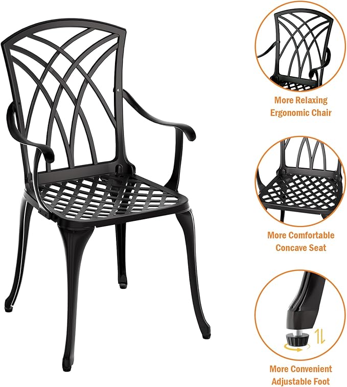 Patio Bistro Set 3 Piece, Cast Aluminum Bistro Set for 2 w/Umbrella Hole, Outdoor Table and Chairs Set of 2, Bistro Set for Balcony/Backyard/Garden, Black