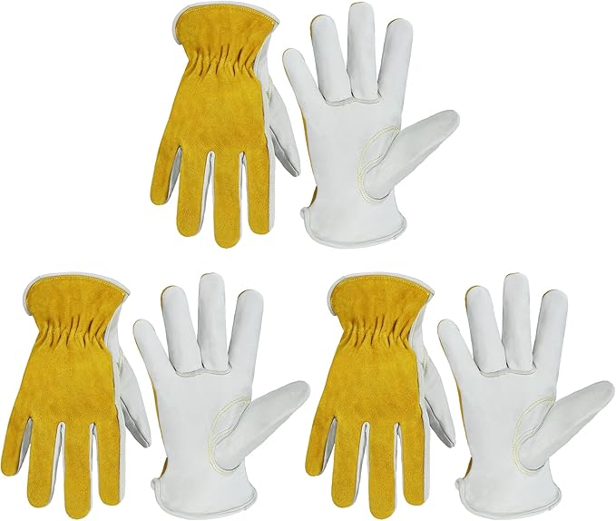 HANDLANDY Men Leather Gardening Gloves, Utility Work Gloves for Mechanics, Construction, Driver