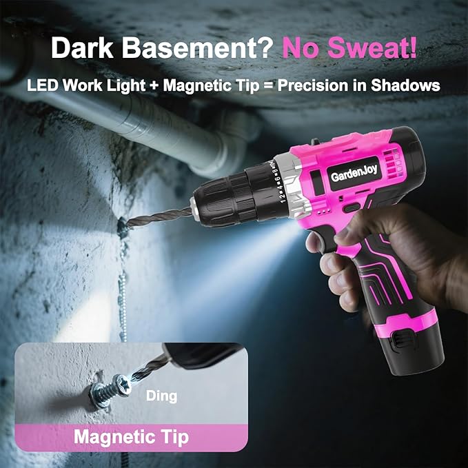 12V Pink Drill Driver Set, Women's Lightweight, 2 Batteries + Fast Charger, 2-Speed, 3/8" Keyless Chuck, 25 Torque Settings, LED for Metal/Wood DIY