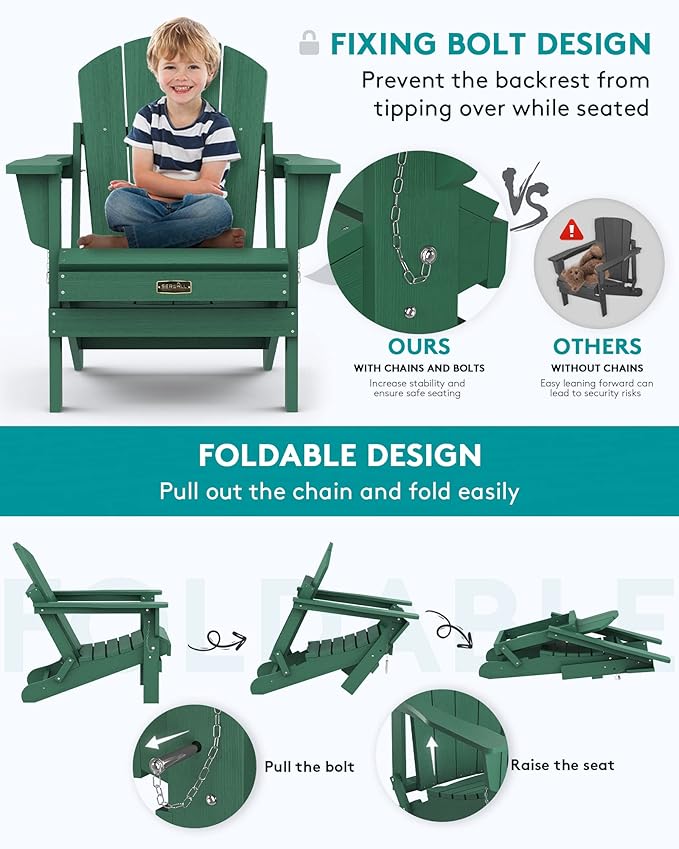 SERWALL Foldable Adirondack Chair Set of 4 for Patio Garden Outdoors Fire Pit Chairs-Green