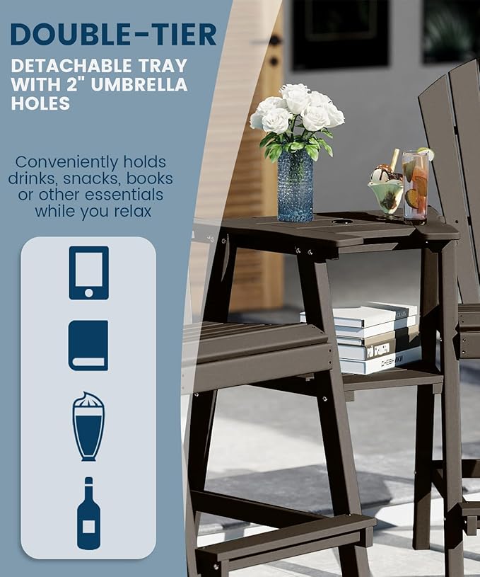 FOOWIN Tall Adirondack Chair Set of 2, All Weather HDPE Bar Height Adirondack Chair with Double Connecting Trays, Adirondack Barstools for Balcony, Deck, Backyard, Patio, Garden Walnut