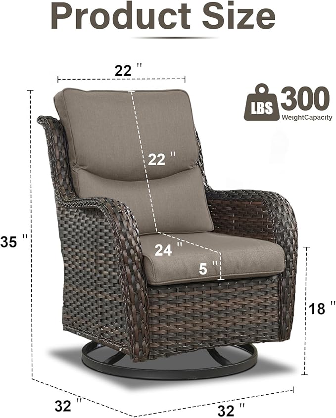 Swivel Patio Chairs Set of 2 with 5" Thick Cushion - Wicker Outdoor Swivel Rocker Patio Chairs, High Back Comfortable Outdoor Glider Chair for Balcony, Porch, Deck, Poolside - Brown/Gray