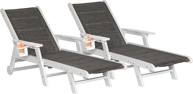 Outdoor Chaise Lounge Set of 2, Adjustable Patio Chaise with Wheels & Cup Holder, HDPE Pool Lounge with Textilene Surface, Poolside (Grey-Brown, 2)