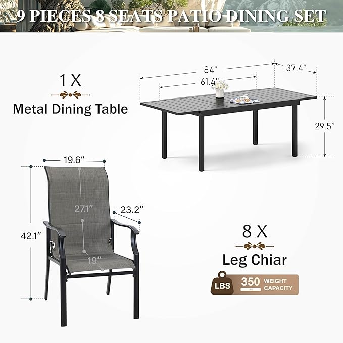 HERA'S HOUSE 9 Pieces Patio Dining Set, Outdoor Dining Set for 8, 8 x All Weather Textilene Padded Dining Chair, 1 x Rectangular Expandable Large Surface Metal Dining Table