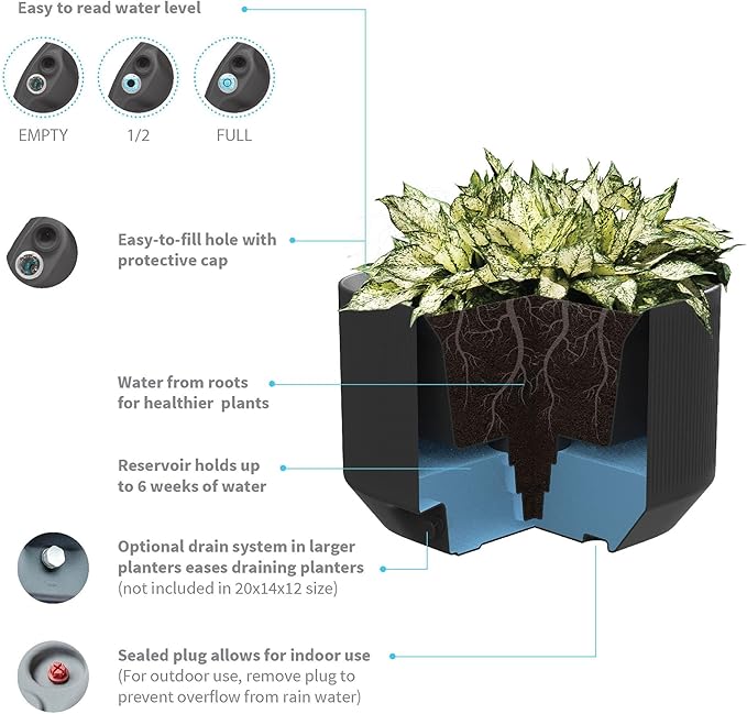 Crescent Garden Modular Self-Watering Trough Plant Box with TruDrop Water Level Indicator - Large Rectangular Deck Planter for Indoor & Outdoor Plants, Modern Garden Bed - 40"x20"x20"H (Olive)