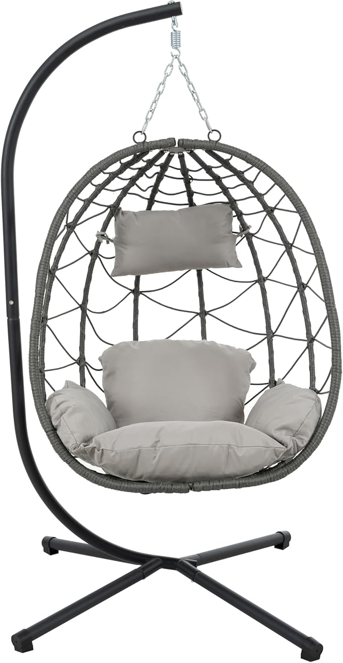 Indoor Outdoor Egg Chair with Stand Wicker Hanging Swing for Patio Bedroom Living Room Balcony Lightweight and Portable Design