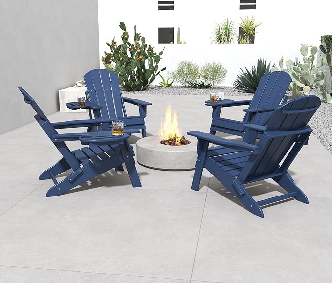 FOOWIN Folding Adjustable Adirondack Chair Set of 4,HDPE Adirondack Chair w/4 in 1 Cup Holder Trays,All-Weather Resistant Fire Pit Chair, Outdoor Chair for Patio Lawn Poolside,400lbs,Navy Blue