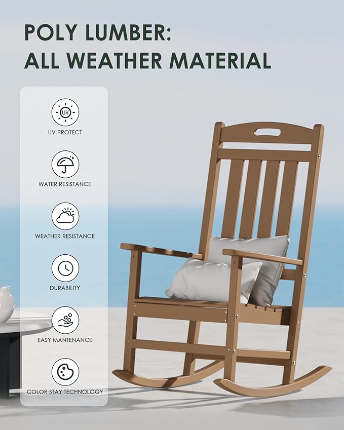 Outdoor Rocking Chair Set of 6, All-Weather Resistant Poly Lumber Rocker Chair Outdoor, High Back Plastic Patio Rocking Chairs for Outside Porch Rocker Garden Lawn, Weather Wood