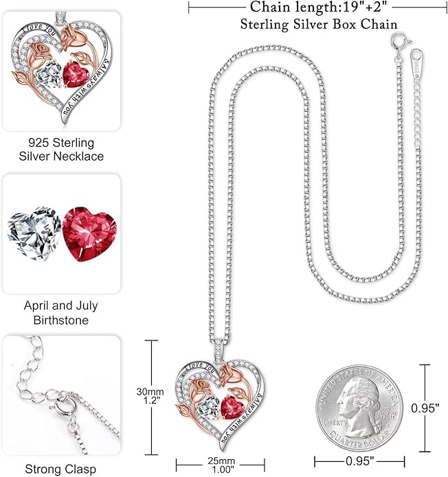 Iefil Christmas Gifts for Women Wife - 925 Sterling Silver Rose Heart Birthstone Necklace Birthday Anniversary Jewelry Gifts for Her Wife Mom Daughter