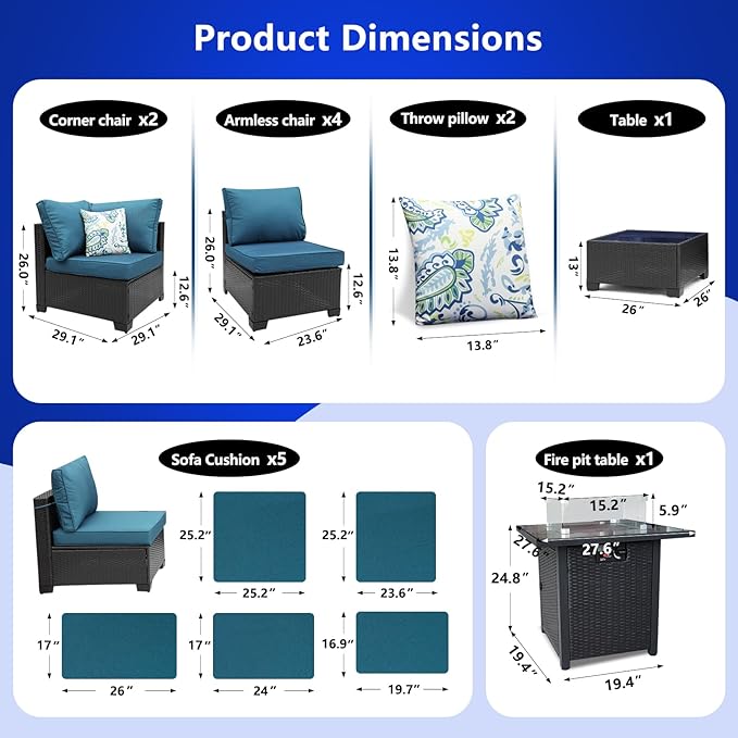8 Pieces Patio Furniture Set with 28" Fire Pit Table, Wicker Outdoor Sectional Couch, Rattan Conversation Set for Backyard, Deck, Garden Lawn, Coffee/Peacock Blue