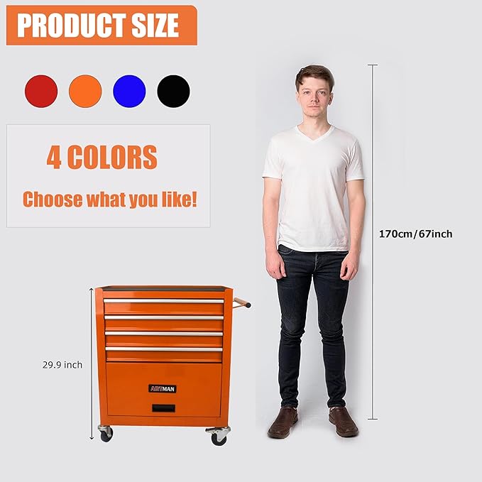4 Drawers Tool Cart on Wheels, Rolling Tool Box Tool Storage, Drawers Rolling Tool Box Organizer Tool Case for Garage, Warehouse, Workshop, Repair Shop(4 Drawers-Orange)