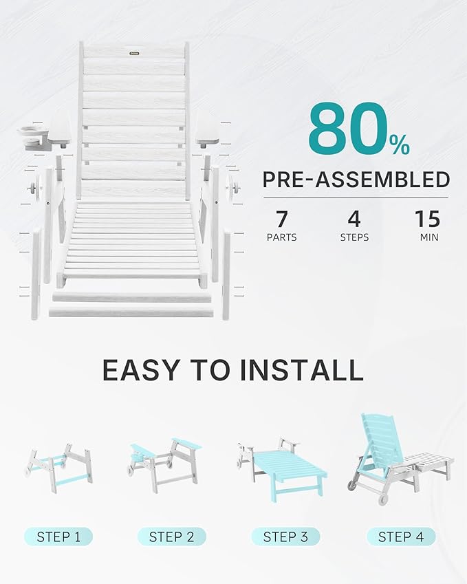 Chaise Lounge Chair Outdoor with Wheels, Oversize Patio Lounge Chairs with Wood Texture, 5-Position Plastic Lounge Chairs Set of 2-White(Separate Delivery)