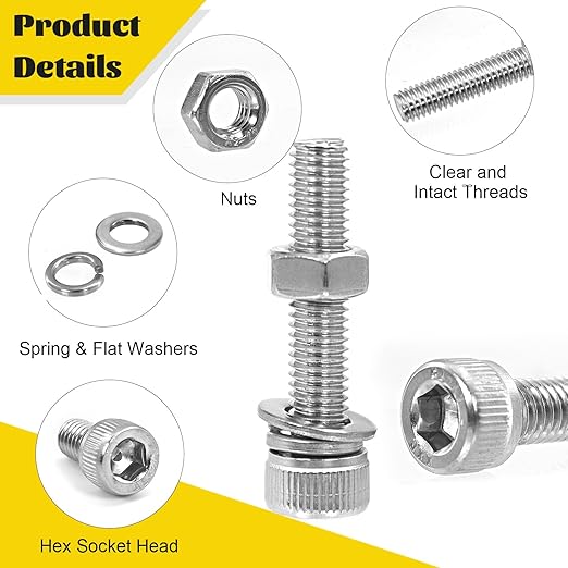 270pcs M5 Screws with Nuts Assortment kit, M5x8/10/12/16/20/25/30/35 mm 304 Stainless Steel Hex Socket Head Cap Screw Bolts Nuts Flat & Lock Washer Set