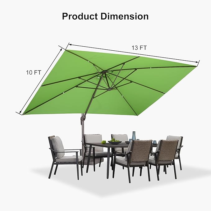 PURPLE LEAF 10' X 13' Patio Cantilever Umbrella with Base Rectangle Umbrella Outdoor with Aluminum Offset Hanging and 360° Rotation for Pool Garden Deck Patio, Green