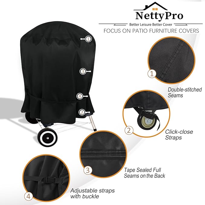 NettyPro Grill Cover for Charcoal Kettle Grill 22 inch, Heavy Duty Waterproof Outdoor Round Smoker Cover, 27" W x 25" D x 35" H, Black