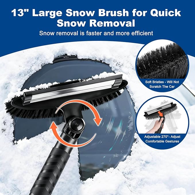 57" Extendable Long Snow Brush with Ice Scraper for Car Truck SUV Van - Soft Squeegee with 270° Pivoting Brush Head for Windshieldand Window - Snow Scraper with Antifreeze Gloves